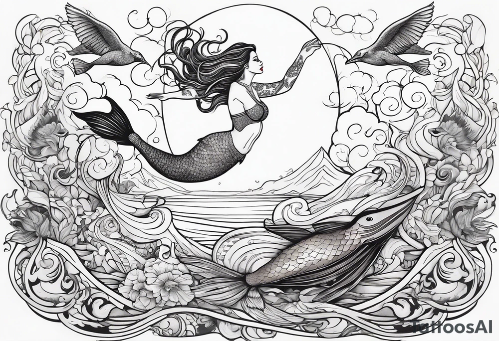 mermaid jumping to see pelicans tattoo idea