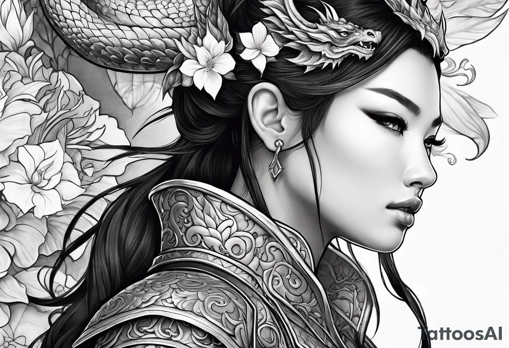 beautiful warrior woman wearing dragon armor and a floral background and a dragon a full picture tattoo idea