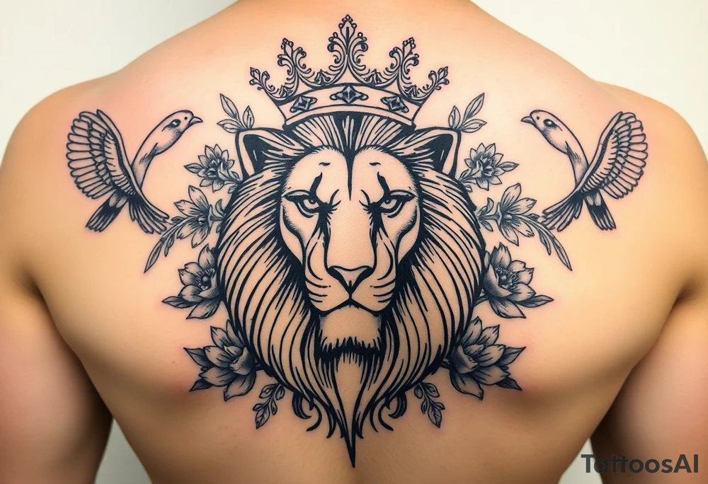 powerful majestic lion with a crown, surrounded by floral ornaments and birds tattoo idea