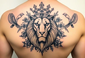 powerful majestic lion with a crown, surrounded by floral ornaments and birds tattoo idea