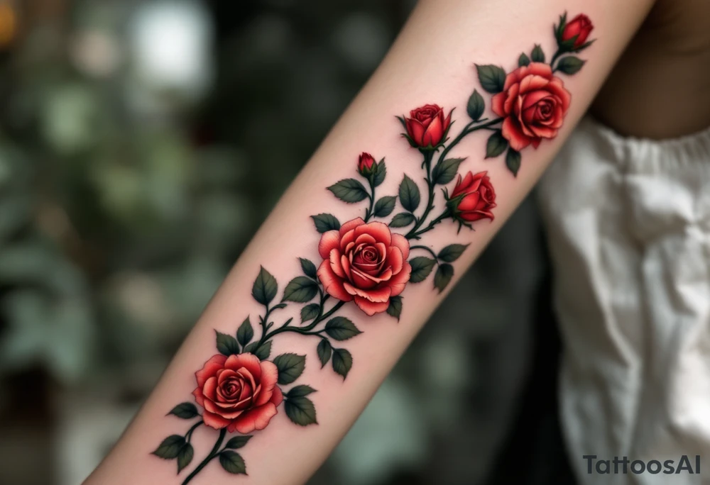 Tiny roses on a vine, curving slightly around the finger, in classic red and leaf green. tattoo idea