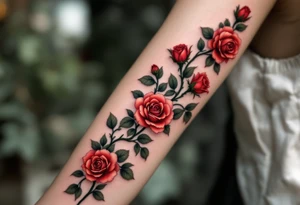 Tiny roses on a vine, curving slightly around the finger, in classic red and leaf green. tattoo idea
