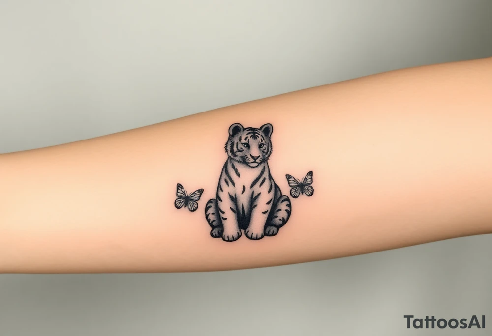 Tiger cub sitting down with paw up and on the paw is sitting a butterfly and there’s two butterflies on each side tattoo idea