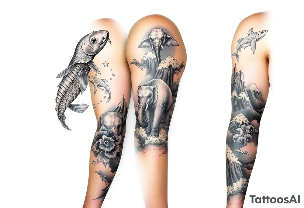 Koi fish and elephants with a wave design and underwater mountains  to go on the arm with alot of shading and intricate details tattoo idea