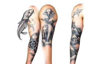 Koi fish and elephants with a wave design and underwater mountains  to go on the arm with alot of shading and intricate details tattoo idea
