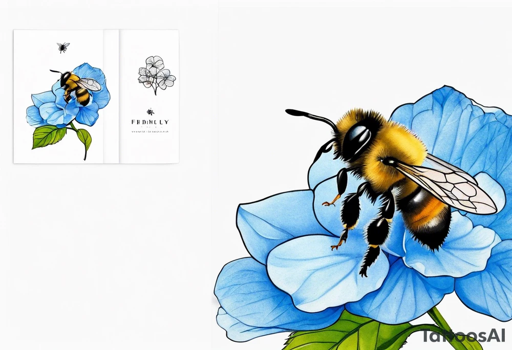 Small minimalist tattoo for forearm of a blue Hydrangea and a very small bee. tattoo idea
