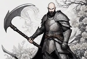 a full-body picture of a 30-year-old, human elf, bearded bald male, paladin, holding a battle axe, tattoo idea