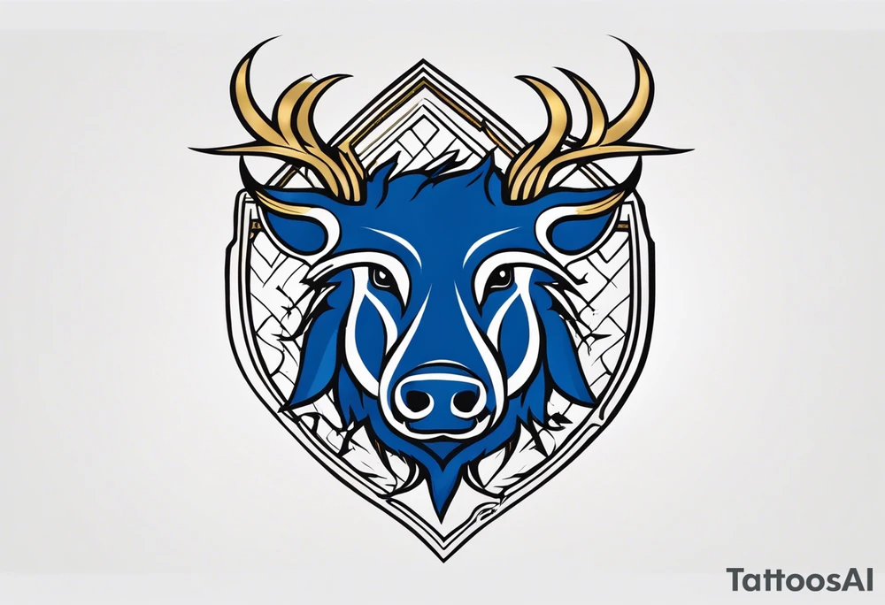 A classic tribal Celtic boar Integrated with a Chatwin, family crest and a Thistle. Simple with few lines. Blue and gold Chevron Chatwin family crest With the name, Chatwin and a Thistle tattoo idea