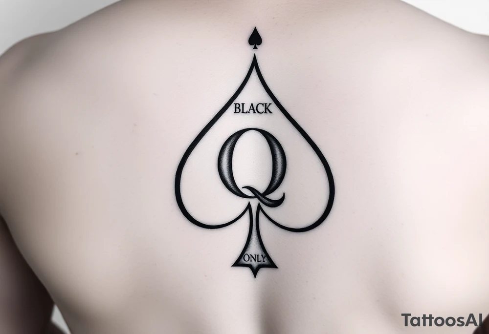 A spade womb tattoo with a Q in the center, with three points around the outside. The first reading, "BLACK". The second reading, "BABY". The third reading, "ONLY". tattoo idea