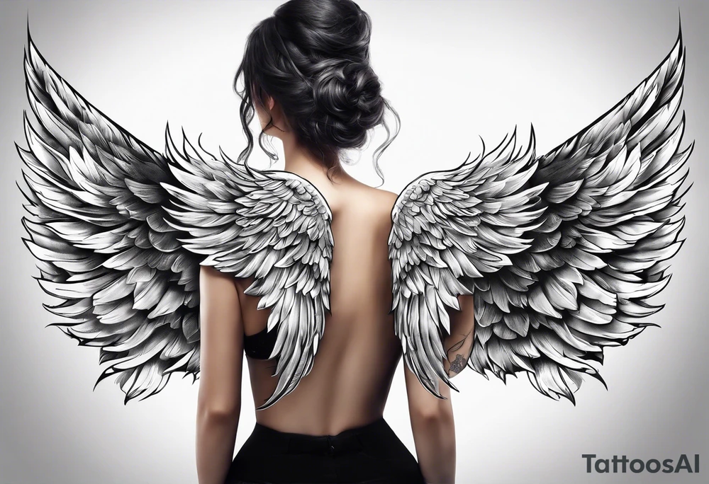 female back tattoo. one angel wing and one devil wing tattoo idea