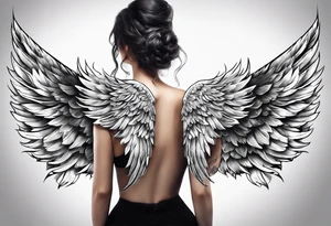 female back tattoo.  one angel wing and one devil wing tattoo idea