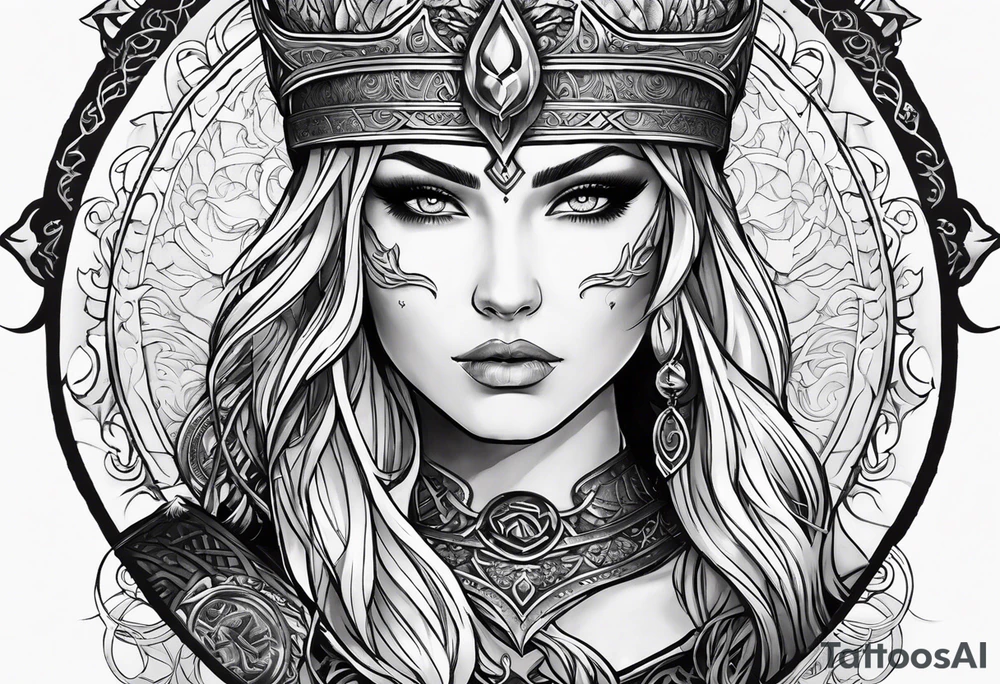 Viking, feminine warrior, bedroom eyes, headshot, princess, round emblem, moon goddess, Gaia tattoo idea