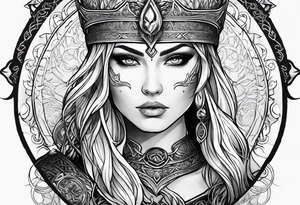 Viking, feminine warrior, bedroom eyes, headshot, princess, round emblem, moon goddess, Gaia tattoo idea