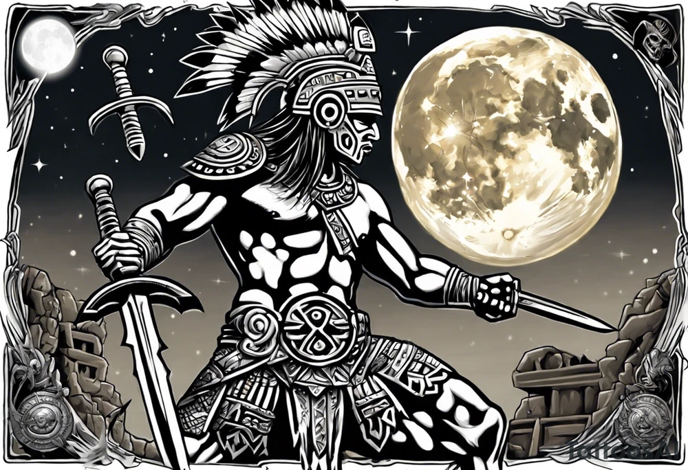 Aztec warrior with a spiked obsidian sword fighting against the god of death at night with moonlight skies tattoo idea