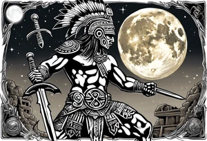 Aztec warrior with a spiked obsidian sword fighting against the god of death at night with moonlight skies tattoo idea