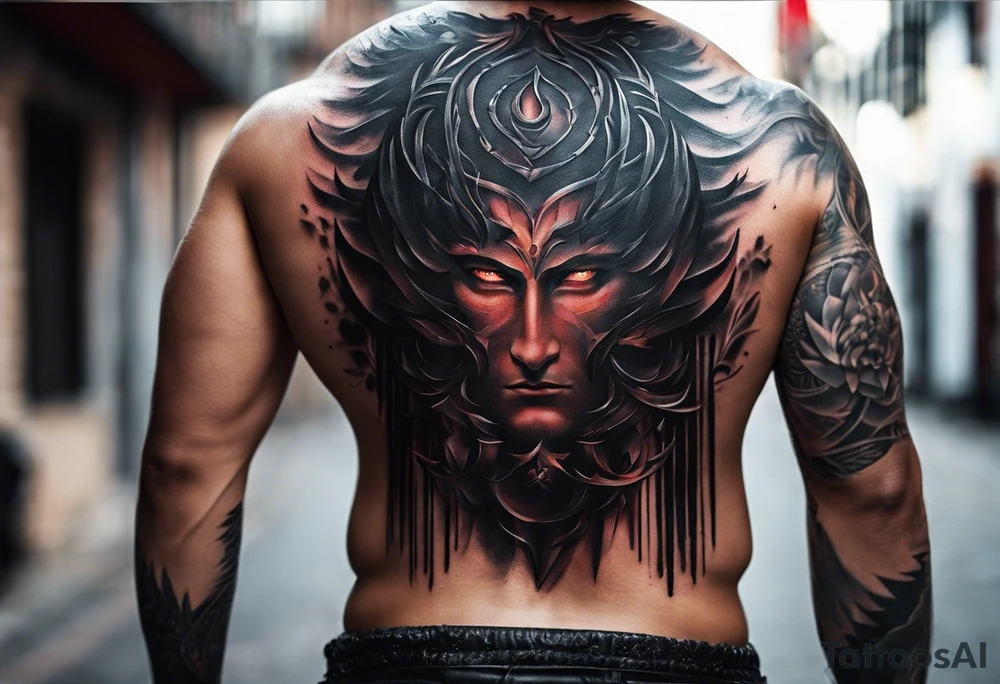 Certainly! Here’s a description for your back tattoo:

---

**Tattoo Description:**

Design: Black work, paint strokes.
Location: Back.
Concept: Dante's Inferno, representing the layers of hell.

**Design Details:**

1. **Vertical Lines:**
   - Two bold, vertical lines run parallel up the spine, symbolizing the journey through the depths of Dante's Inferno.

2. **Horizontal Lines:**
   - Nine horizontal lines intersect the vertical lines, each representing one of the nine circles of hell.
   - The lines descend down the back, each becoming progressively shorter and narrower to signify the decreasing levels of hell's circles.
   - The paint stroke style gives the lines a dynamic, brush-painted appearance, enhancing the dramatic and artistic effect.

3. **Overall Style:**
   - The black work technique ensures a striking contrast, with deep black ink emphasizing the severity and depth of the concept.

Sure, here's a simplified version:

---

**Tattoo Description:**

**Design:** Black work, paint strokes.
**Location:** Back.
**Concept:** Dante's Inferno, layers of hell.

**Details:**

1. **Vertical Lines:**
   - Two parallel lines up the spine.

2. **Horizontal Lines:**
   - Nine perpendicular lines, descending and decreasing in width.

**Style:**
   - Bold black work with paint stroke effects.

---

This version is straightforward and clear.

---

This description provides a clear and detailed vision for your tattoo artist to work from, capturing the essence and symbolism of Dante’s Inferno in a powerful and visually striking way. tattoo idea