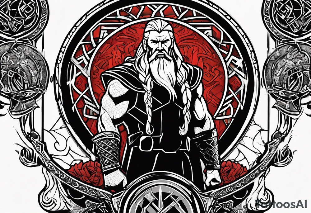 Thor with Viking runes in the background as a vignette tattoo idea