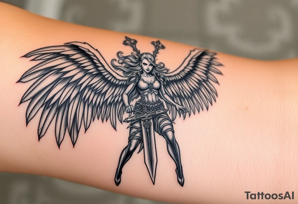 A fierce looking Valkyrie with very big dark wings. The whole body with legs should be visible. 
She's wielding a intricatelly decorated sword and a sturdy tattoo idea