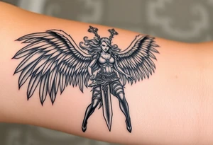 A fierce looking Valkyrie with very big dark wings. The whole body with legs should be visible. 
She's wielding a intricatelly decorated sword and a sturdy tattoo idea