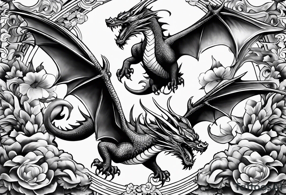 Family of five flying dragons tattoo idea
