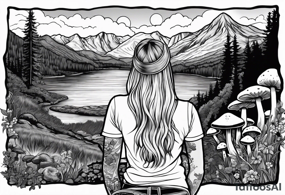 Whole picture encircled fully

Straight long blonde hair hippie girl in distance holding mushrooms in hand facing away toward mountains and creek surrounded by mushrooms tee shirt and hiking pants; whole rendering within a full circle, no cut off circle tattoo idea