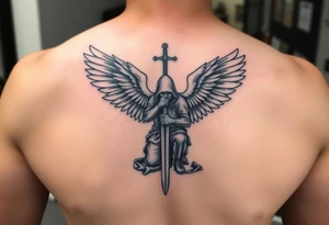 Soldier Angel with long sword kneeling looking down cloak over head wings spread tattoo idea, upper chest tattoo idea
