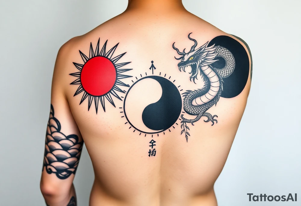 Full-wrap forearm tattoo design, intricate black and red ink. Fusion of Greek meander, neo-tribal and ancient Chinese motifs. Top half (day): Greek sun (red) with neo-tribal spikes + Chinese fenghuang bird silhouette. Bottom half (night): Greek moon (black) with yin-yang ouroboros snake + Chinese dragon scales. Hidden details: small Bagua trigrams in meander corners, Tree of Life as bamboo stalks. Seamless geometric pattern, sharp line art, no background. Cultural tattoo sleeve, balanced symmetry tattoo idea