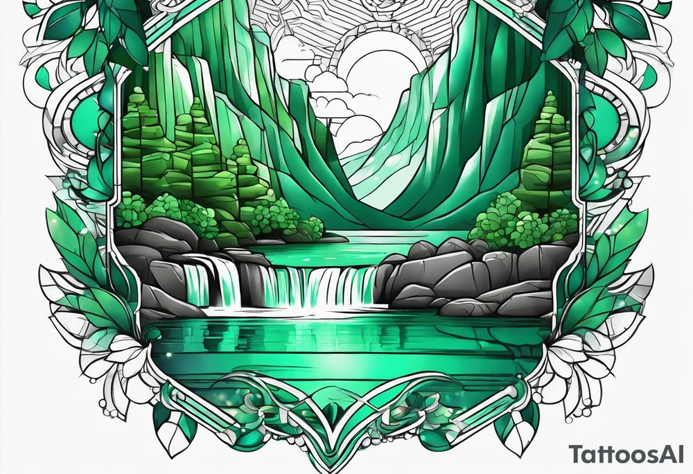 Emerald stones waterfall background tattoo idea