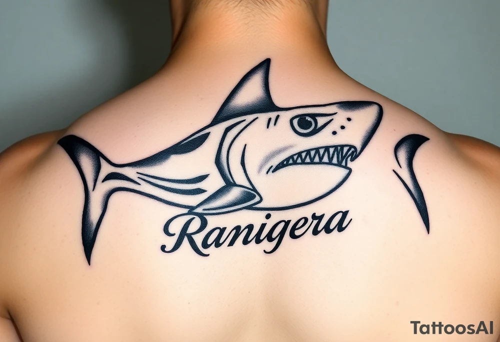 tribal hammer head shark with Rangiroa text on the back tattoo idea