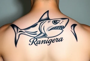 tribal hammer head shark with Rangiroa text on the back tattoo idea
