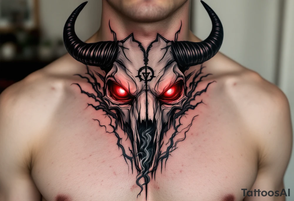 Abstract looking angry taurus skull chest tattoo with red eyes, taurus symbol in between eyes, smoke from the nose tattoo idea