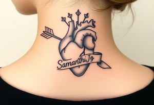 anatomical heart pierced by ornate arrow with flowing ribbons with the name Samantha Jo tattoo idea