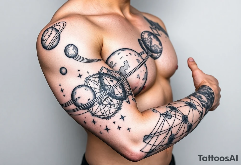 outer space, planets, geometric patterns, string theory tattoo idea
