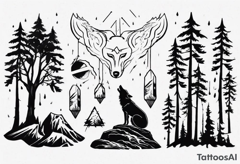 thunderstorm over a forest with a wolf howling on drums tattoo idea thunderstorm over a forest with a wolf howling on drums tattoo idea