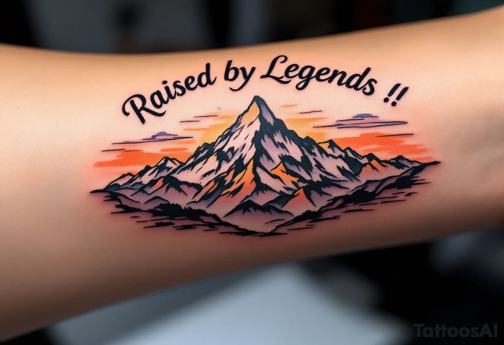 A mountain landscape in dusky purples and oranges with “Raised by Legends” above it. tattoo idea
