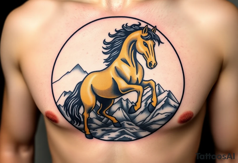 A golden mustang horse with black mane and legs, captured in motion inside a circle. The mountains and nature should frame the design, blending with the horse's black fur as a base to represent the landscape. Experiment with using the black fur to shape the mountains, playing with edges or interior details. tattoo idea