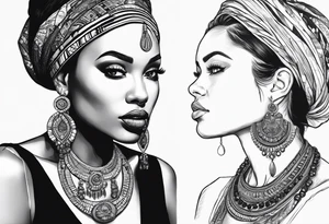 Caucasian women with dark hair and features. She will be posing sideways portrait style. She need to embody a modern queen. She must be wearing 3 African style necklaces and african Earrings. tattoo idea