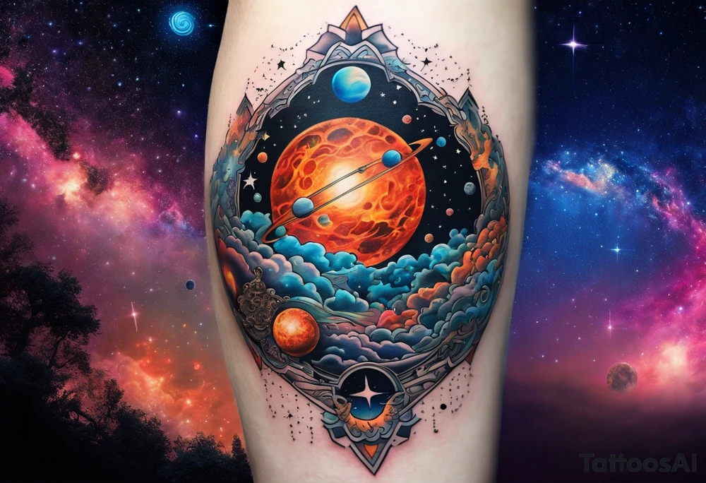 A tattoo featuring a cosmic scene with planets, black holes, and supernovae intertwined with intricate linguistic symbols, reflecting the client's interests in cosmology and linguistics. tattoo idea