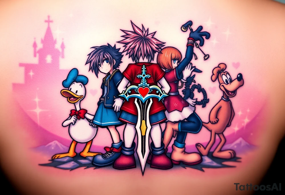 Kingdom Hearts tattoo design featuring Sora, Kairi, Riku, Donald, and Goofy from the game, together in a dynamic, united pose. The centerpiece should include the Heartless Keyblade, with a beautiful and ethereal Kingdom Hearts-inspired background—think glowing stars, floating islands, and stained-glass elements in backroung. The design should capture themes of friendship, light vs. darkness, and adventure. Style should be detailed, fantasy-oriented, and suitable for a large piece tattoo idea