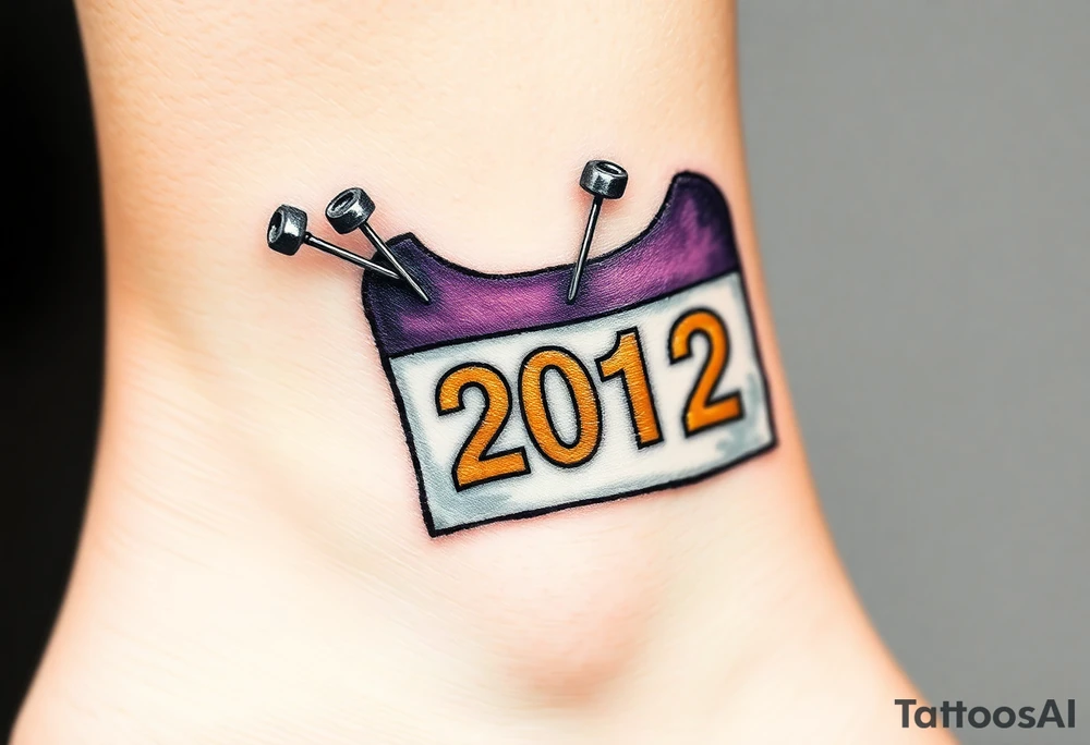 Safety pins through the skin attaching a running bib with 2012 and purple and gold accents tattoo idea