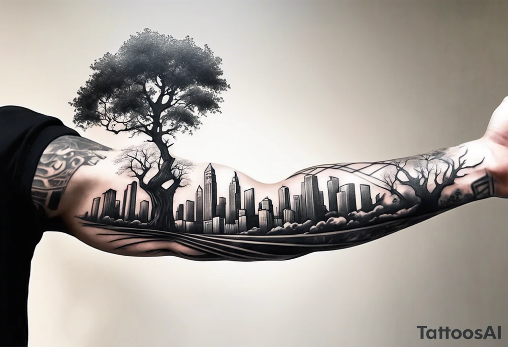full arm sleeve tattoo a tree that looks like a DNA strand with a city skyline tattoo idea