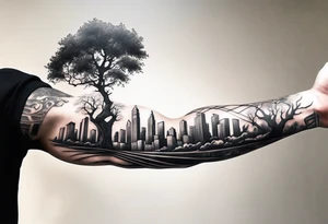 full arm sleeve tattoo a tree that looks like a DNA strand with a city skyline tattoo idea