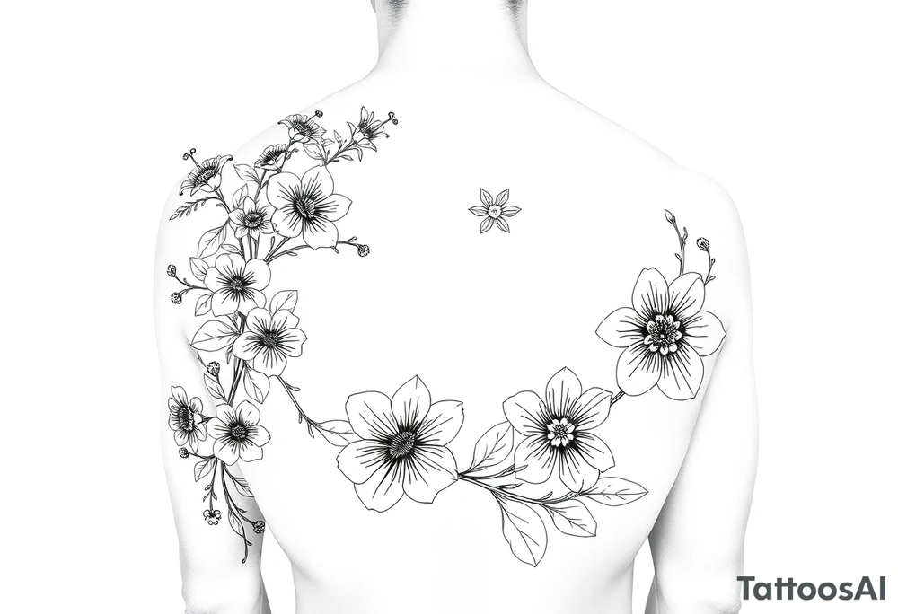 Full sleeve tattoo design of larkspur and hawthorn flowers, highly detailed line art, black ink, elegant botanical style, intertwined composition, no shading, no human mock-up, clean stencil style suitable for tattooing, fit fully within boundaries. LINE ART ONLY, REMOVE HUMAN, NO SKIN tattoo idea