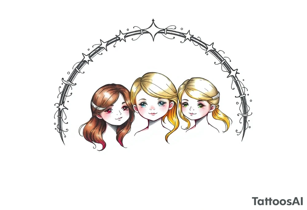 3 petites filles ( une brune et deux blondes)
sous un arc en ciel pas fini tattoo idea