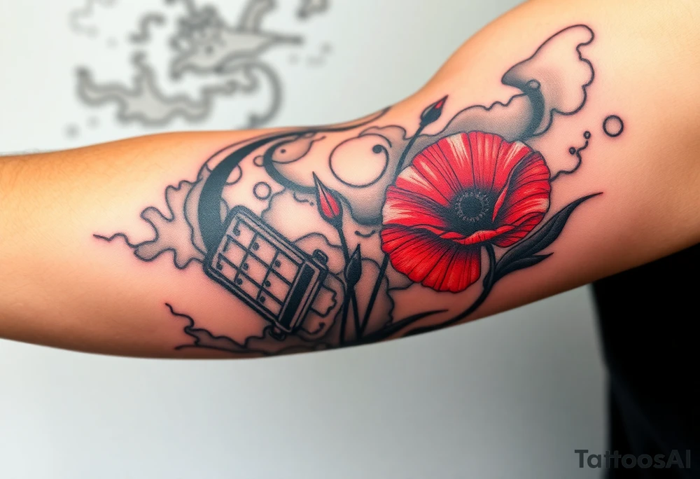 War zone with 2 poppy’s growing out of the smoke with 11B in the background and put this on top of a map tattoo idea