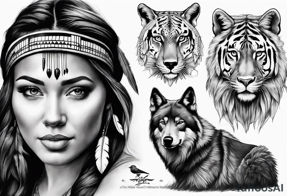 realistic native+animals american tattoo idea