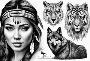 realistic native+animals american tattoo idea