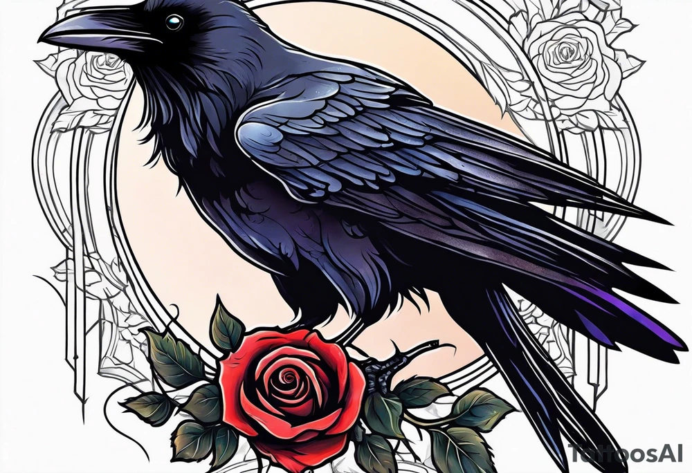 a beautiful raven flying in the night sky with a rose in its claws tattoo idea