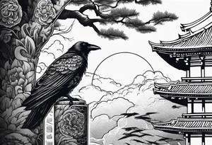 Crow moon tree Roman column ruins tattoo idea