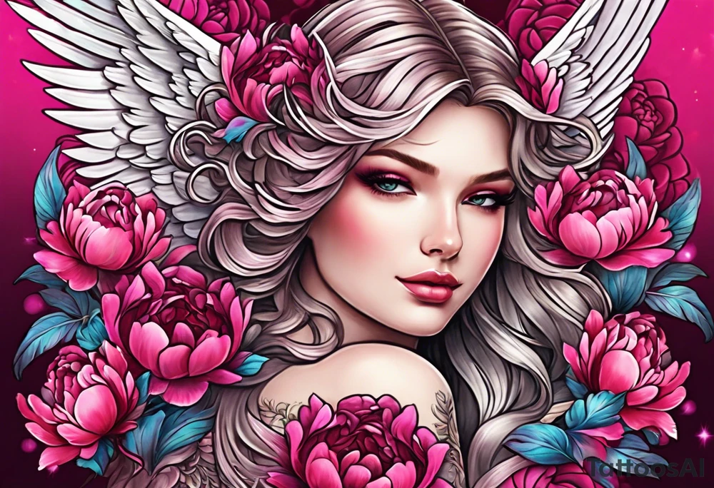 beautiful angel wings with colorful hot pink, burgundy, peonies. beautiful flilligree in the background , full color tattoo idea